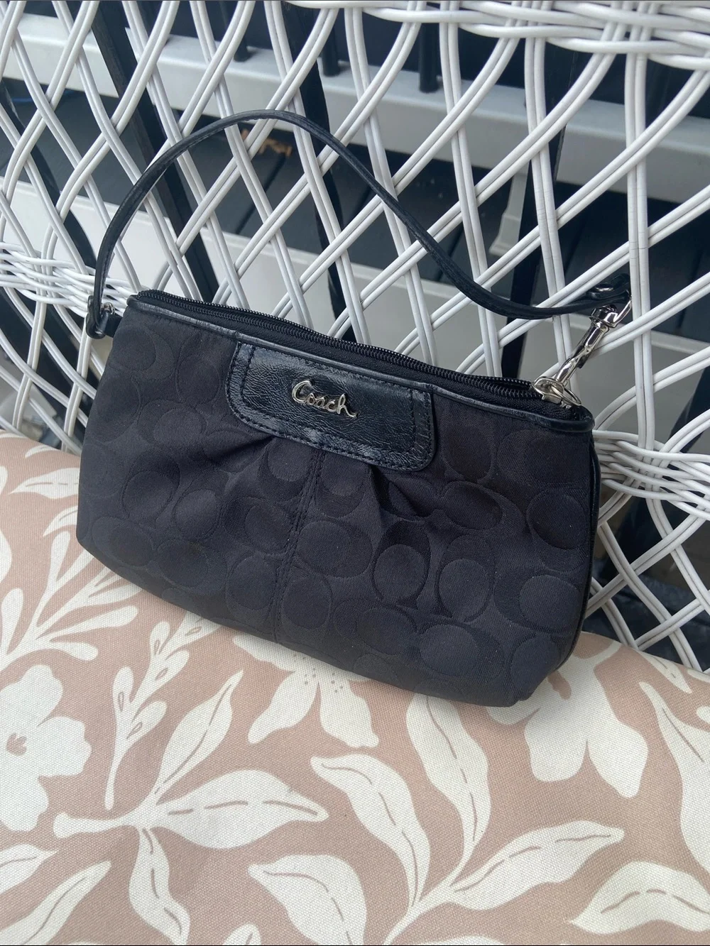 Coach Black Signature Wristlet with Leather Trim and Logo
